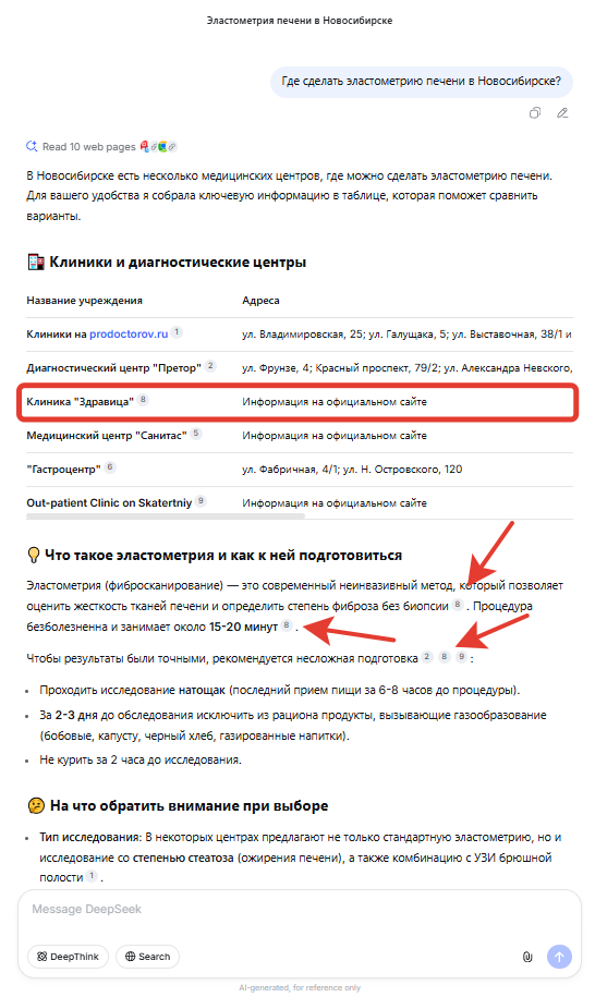 Выдача в Deepseek по запросу Где сделать эластометрию печени в Новосибирске.png Выдача в Deepseek по запросу Где сделать эластометрию печени в Новосибирске.png